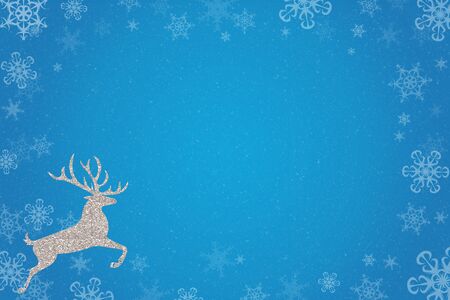 Christmas Background With Frame Of Snowflakes. Decorative Frame of snowflakes on the blue background with glitter deer.の写真素材
