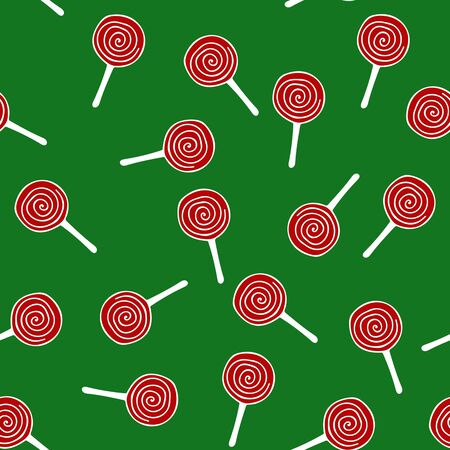 Red and white swirl lollipop seamless pattern poster, flat style. illustration for happy birthday, new year, Christmas greeting card, invitation. Fabric print design green backgroundの写真素材