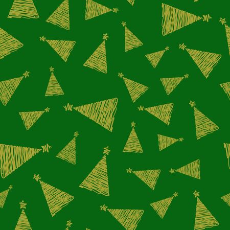 Seamless pattern of hand drawn Sketch Christmas tree on green background. design holiday greeting cards and invitations of the Merry Christmas and Happy New Year, seasonal winter holidays.の写真素材