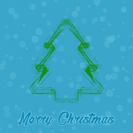 Christmas green handdrawn tree on blue background with snowflakes. Winter poster, invitation, postcard.の写真素材