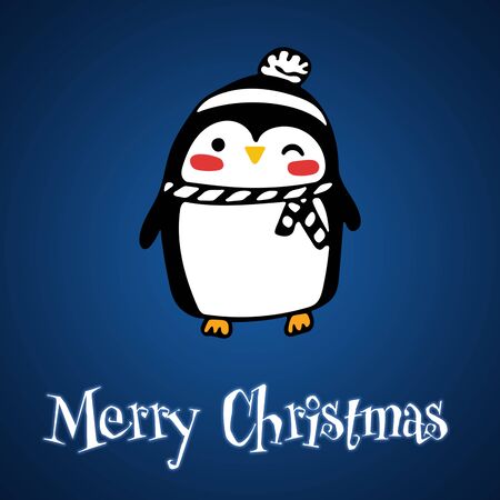 Christmas Cute Little Penguin with Santa s Cap. Christmas cute animal cartoon character. Winter blue gradient backgroundの写真素材