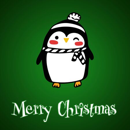 Christmas Cute Little Penguin with Santa s Cap. Christmas cute animal cartoon character. Winter green gradient backgroundの写真素材
