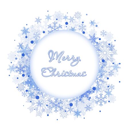 Winter round frame of snowflakes. Empty place for your text. New Year and Christmas card.の写真素材
