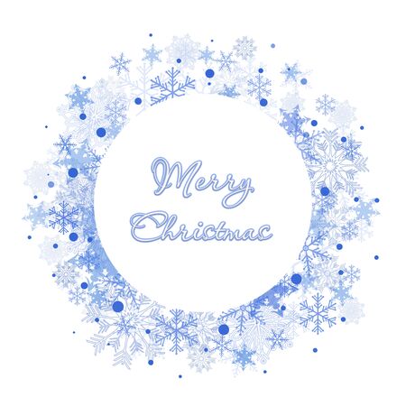 Winter round frame of snowflakes. Empty place for your text. New Year and Christmas card.の写真素材