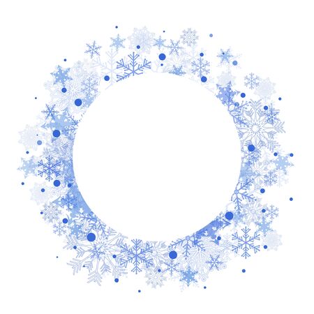 Winter round frame of snowflakes. Empty place for your text. New Year and Christmas card.の写真素材