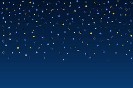 Horizontal Star Background. Gold, Blue stars, sprocket, shiny confetti on blue gradient background. Falling stars effect. Scattered little sparkling, glitter star. New Year Christmas backgroundの写真素材