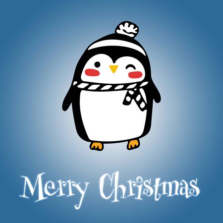 Christmas Cute Little Penguin with Santa s Cap. Christmas cute animal cartoon character. Winter blue gradient backgroundの写真素材