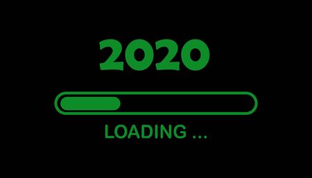 Happy new year 2020 with loading icon. Progress bar almost reaching new year's eve. black illustration with 2020 green loading text.の写真素材