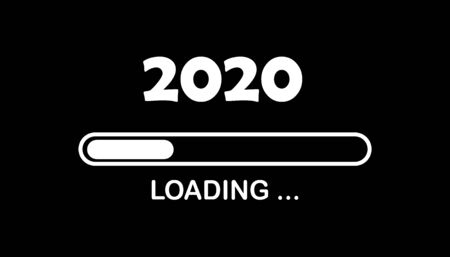 Happy new year 2020 with loading icon. Progress bar almost reaching new year's eve. black illustration with 2020 white loading text.の写真素材