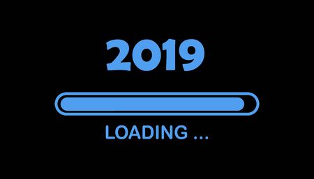 Happy new year 2019 with loading icon. Progress bar almost reaching new year's eve. black illustration with 2019 blue loading text.の写真素材
