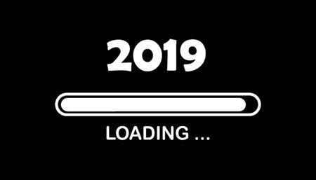 Happy new year 2019 with loading icon. Progress bar almost reaching new year's eve. black illustration with 2019 white loading text.の写真素材
