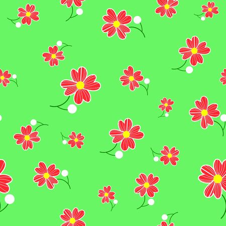 Seamless cute floral spting pattern background. Red flower pattern on green background. Mothers Day, 8 March.の写真素材