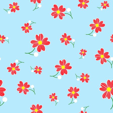 Seamless cute floral spting pattern background. Red flower pattern on blue mint background. Mothers Day, 8 March.の写真素材