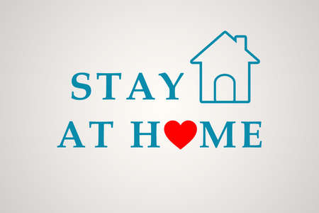 Stay Home icon. Staying at home during a pandemic print. Home Quarantine illustration. Poster with house and stay home stay safe blue text.の写真素材