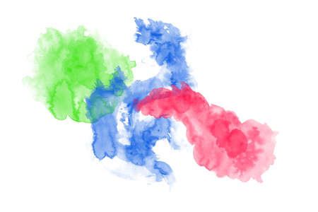 Watercolor stains on white background, abstract blots isolated. Bright green, blue, red colors, divorces.の写真素材