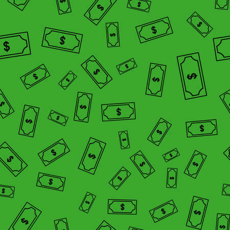 Dollar currency black banknote icon in flat style. Dollar cash discount illustration on green background. Banknote bill seamless pattern business conceptの写真素材