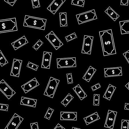 Dollar currency white banknote icon in flat style. Dollar cash discount illustration on black background. Banknote bill seamless pattern business conceptの写真素材