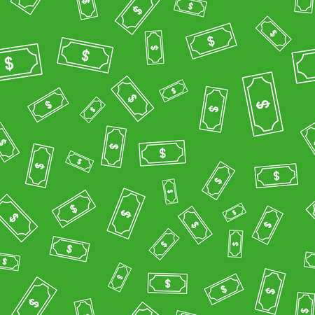 Dollar currency black banknote icon in flat style. Dollar cash discount illustration on green background. Banknote bill seamless pattern business conceptの写真素材