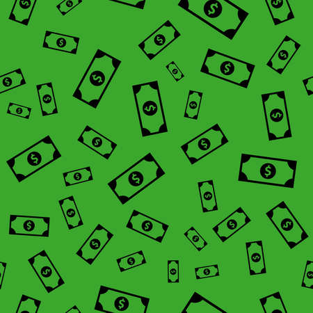 Dollar currency black banknote icon in flat style. Dollar cash discount illustration on green background. Banknote bill seamless pattern business conceptの写真素材