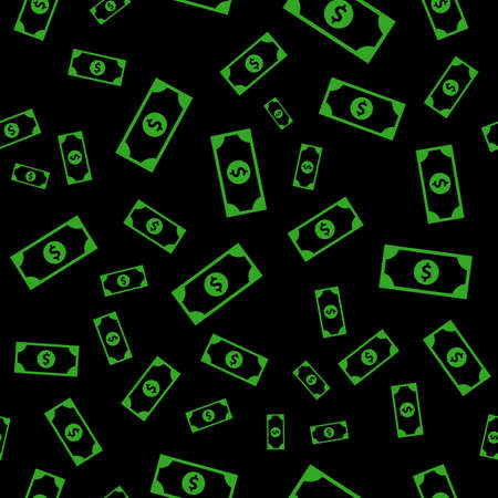 Dollar currency green banknote icon in flat style. Dollar cash discount illustration on black background. Banknote bill seamless pattern business conceptの写真素材