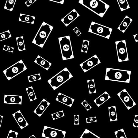 Dollar currency white banknote icon in flat style. Dollar cash discount illustration on black background. Banknote bill seamless pattern business conceptの写真素材