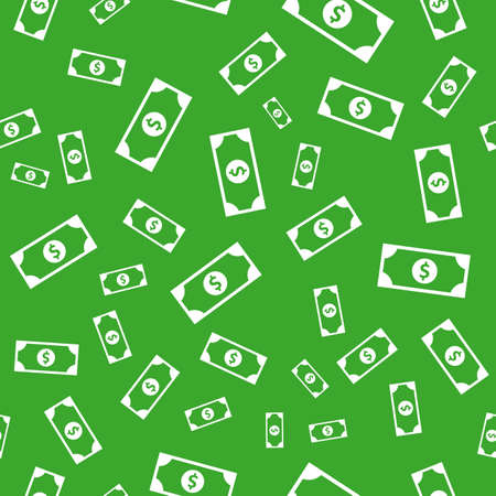 Dollar currency white banknote icon in flat style. Dollar cash discount illustration on green background. Banknote bill seamless pattern business conceptの写真素材