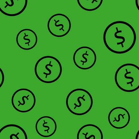 Round dollar black sign coins seamless pattern, business and finance, return on investment, income growth, financial background, Stock illustration on green backgroundの写真素材
