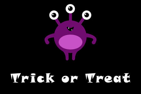 Cute cartoon monster with three eyes on black background with Trick or Treat text. Happy Halloween card. Flat design.の写真素材