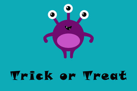 Cute cartoon monster with three eyes on blue background with Trick or Treat text. Happy Halloween card. Flat design.の写真素材