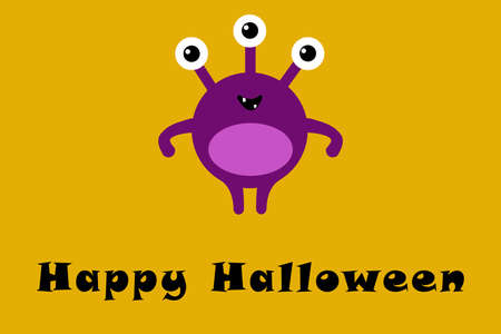 Cute cartoon monster with three eyes on orange background with Happy Halloween text. Happy Halloween card. Flat design.の写真素材