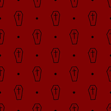 Autumn seamless pattern with coffins. Endless texture for wallpaper, background, wrapping. halloween and thanksgiving ornament. Black, red colors.の写真素材