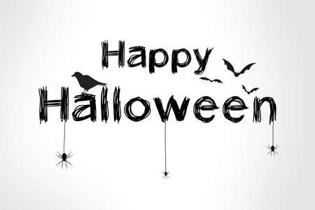 Happy halloween black text on card with spiders, crow and bats. illustration on white gradient backgroundの写真素材