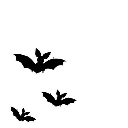 Black silhouettes of bats. Cave black bats group on white Halloween background. Silhouettes of flying bats traditional Halloween symbols on whiteの写真素材