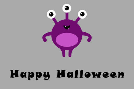 Cute cartoon monster with three eyes on gray background with Happy Halloween text. Happy Halloween card. Flat design.の写真素材