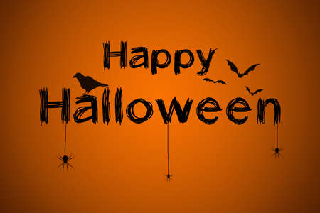 Happy halloween black text on card with spiders, crow and bats. illustration on orange gradient backgroundの写真素材