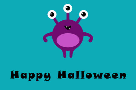 Cute cartoon monster with three eyes on blue background with Happy Halloween text. Happy Halloween card. Flat design.の写真素材