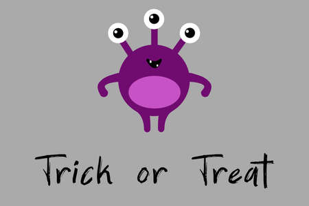 Cute cartoon monster with three eyes on gray background with Trick or Treat text. Happy Halloween card. Flat design.の写真素材