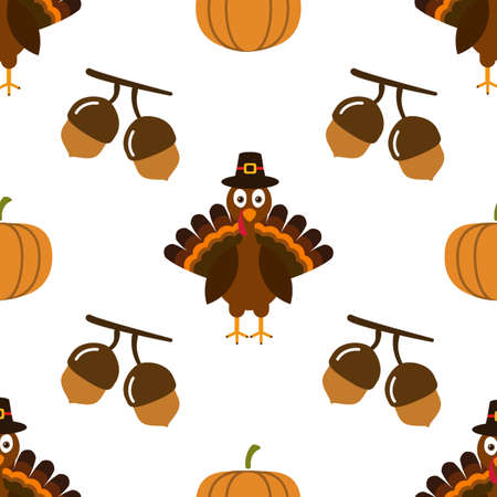 Thanksgiving seamless pattern background autumn pumpkin holiday food harvest celebration illustration. Holiday thanksgiving turkey acorn pumpkin family dinner traditional food celebration ..の写真素材