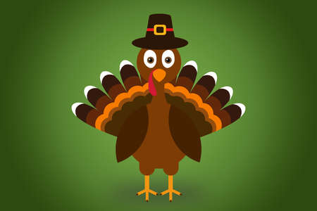 Cute Cartoon Turkey Pilgrim with hat on green background Thanksgiving posterの写真素材