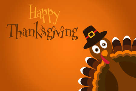 Happy Thanksgiving text Cartoon Turkey Pilgrim with hat on orange background Thanksgiving posterの写真素材