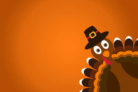 Cute Cartoon Turkey Pilgrim with hat on orange gradient background Thanksgiving posterの写真素材