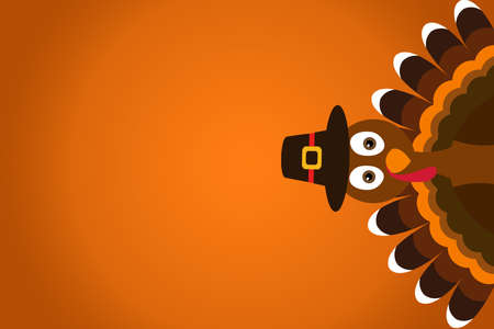 Cute Cartoon Turkey Pilgrim with hat on orange gradient background Thanksgiving posterの写真素材