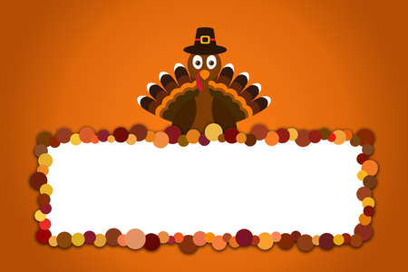 Happy Thanksgiving text Cartoon Turkey Pilgrim on orange background Thanksgiving poster with empty space.の写真素材