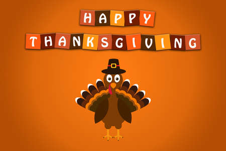 Happy Thanksgiving text Cartoon Turkey Pilgrim with hat on orange background Thanksgiving posterの写真素材