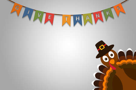 Happy Thanksgiving text Cartoon Turkey Pilgrim on white background Thanksgiving poster with hanging flags give thanks text.の写真素材