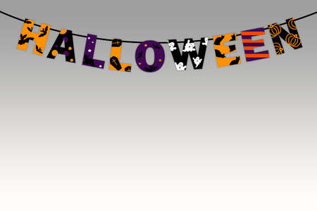 happy halloween, orange, violet and black letters hanging on rope garland, perfect for decorating posters and invitations, banner, on white background.の写真素材