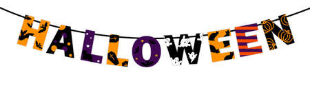 happy halloween, orange, violet and black letters hanging on rope garland, perfect for decorating posters and invitations, banner, on white background.の写真素材