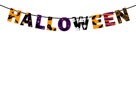 happy halloween, orange, violet and black letters hanging on rope garland, perfect for decorating posters and invitations, banner, on white background.の写真素材