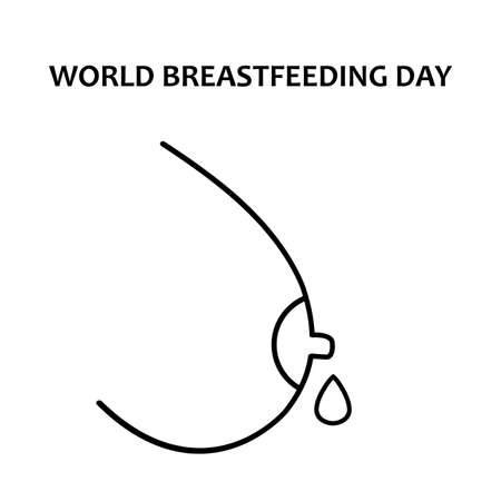 A woman's breast with a milk drop hand drawn. Lactating and nursing concept sketch illustration on white background, world breastfeeding day.の写真素材