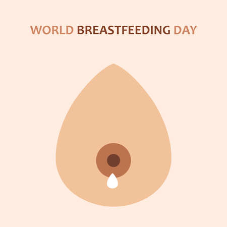 Breastfeeding banner in flat style. Lactating and nursing concept illustration with world breastfeeding day text. A woman's breast with a milk drop.の写真素材
